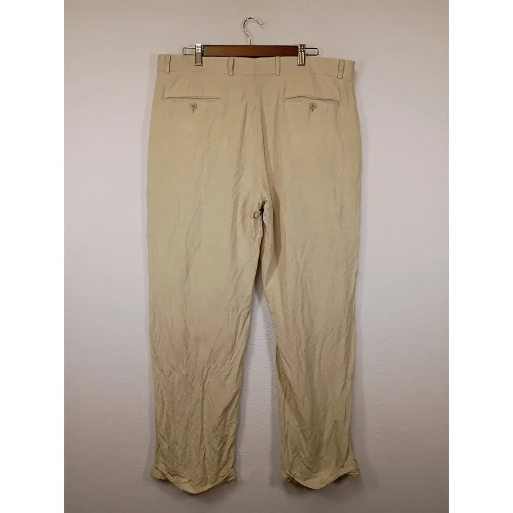 Old Money Brandini Mens 38 Beige Linen Blend Pleated Cuffed Dress Trousers